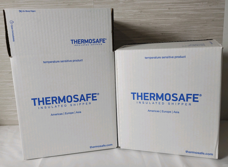 New - Two (2) ThermoSafe Insulated Foam Shipping Boxes . Outside measures 12"×12"×9.5" , Inside measures 6"×8"×9 1/4" . Retail $74