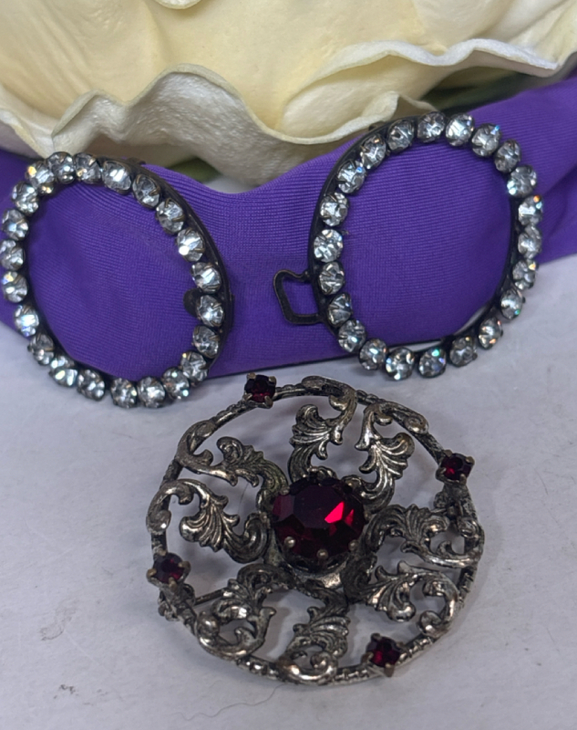 Paste Art Deco Rhinestone Belt Buckles Signed CZFCHO SLO Vintage Inverted Red Stone Brooch