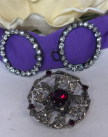 Paste Art Deco Rhinestone Belt Buckles Signed CZFCHO SLO Vintage Inverted Red Stone Brooch