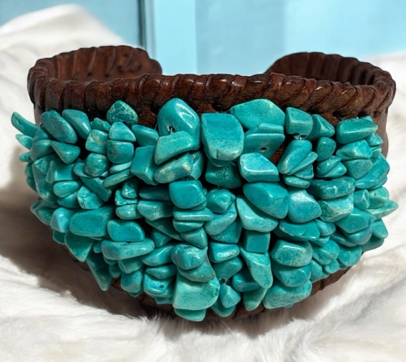 Turquoise Bead Work and Leather Statement Open Cuff Bracelet South West