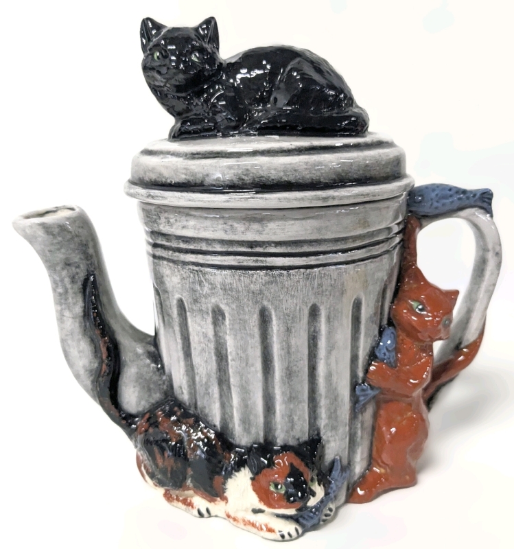 Adorable Signed Cats & Trash Can Teapot | 6.75" Tall