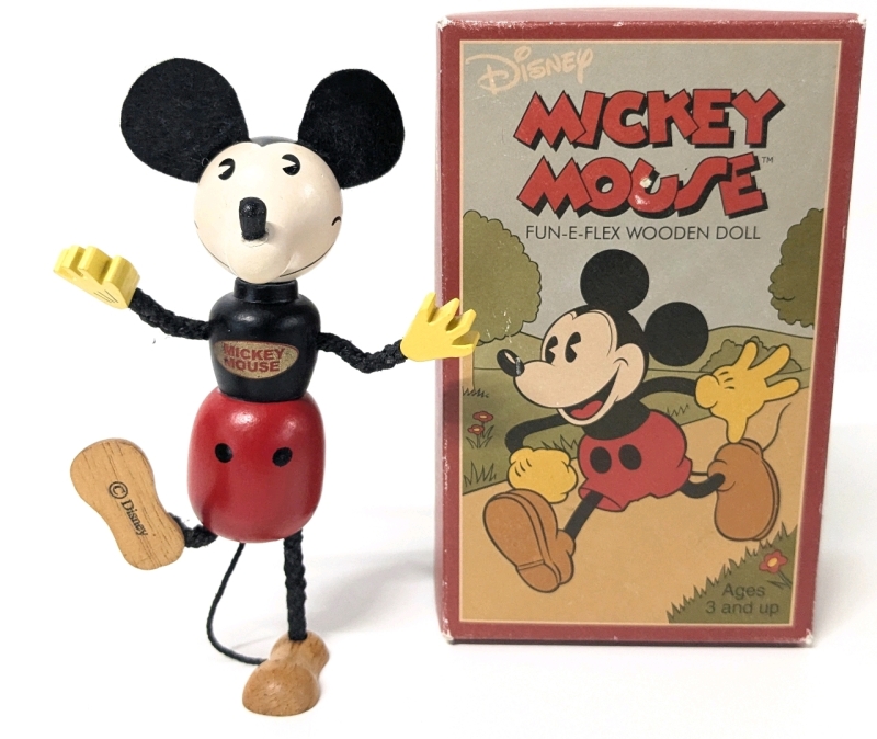 Schylling Retro Disney Collection: Mickey Mouse FUN-E-FLEX Wooden Doll w Original Box | 5.5" Tall