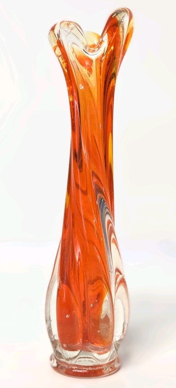 Gorgeous MCM Orange & Clear Art Glass Swing Vase | 9" Tall