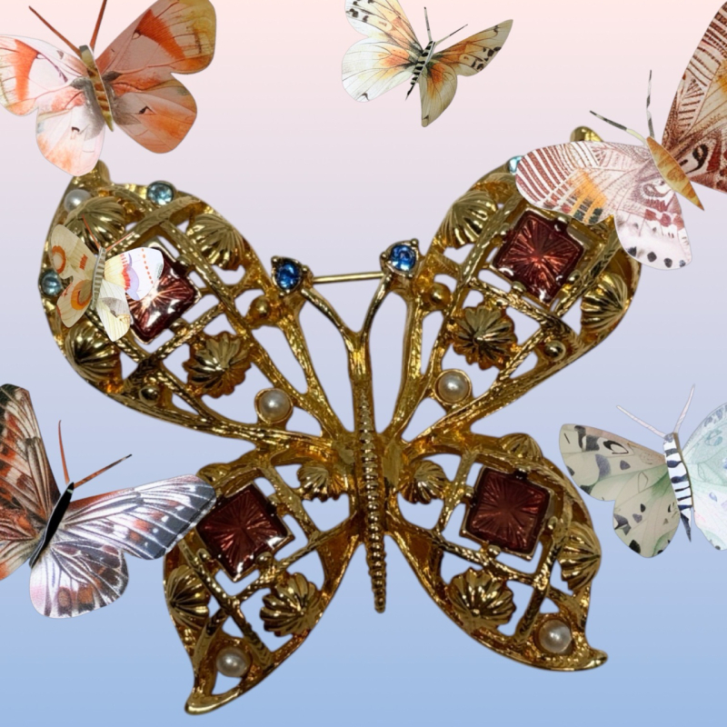 Vintage Signed Butterfly Domed Brooch Rhinestone Enamel Faux Pearl Gold Tone