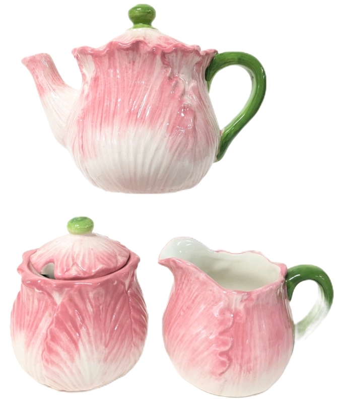 Lovely 3-Piece Porcelain Tulip Teapot, Lidded Sugar Dish & Creamer Set