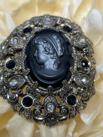 Vintage Victorian Style Black Glass Cameo Filigree Brooch Rhinestones