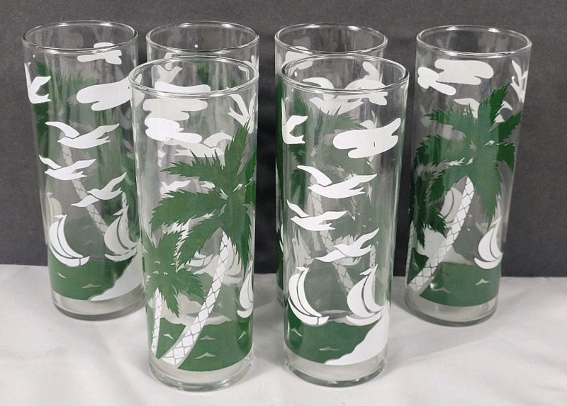 Six (6) Vintage MCM Libby Tropical Print High Ball Glasses