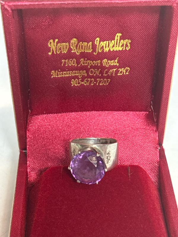 Sterling Silver 925 Vintage Crown Set Wide Ring Purple Raised Stone