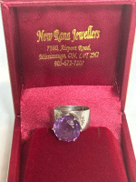Sterling Silver 925 Vintage Crown Set Wide Ring Purple Raised Stone