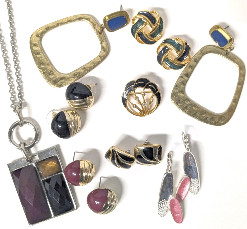 Assorted Gold & Silver Tone Enamel Jewelry + More | Necklace + Pendant, Brooch & 6 Pairs Earrings