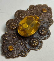 Vintage Czech Large Oval Prong Set Faceted Amber Glass Scrolled Brass Brooch