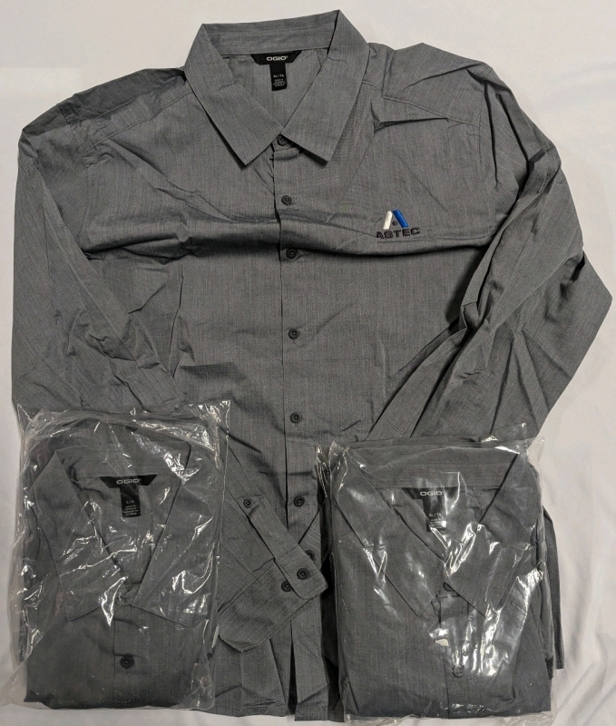 5 New Mens (2 Large, 3 XL) Ogio Dress Shirts. Branded with Astec Logo.