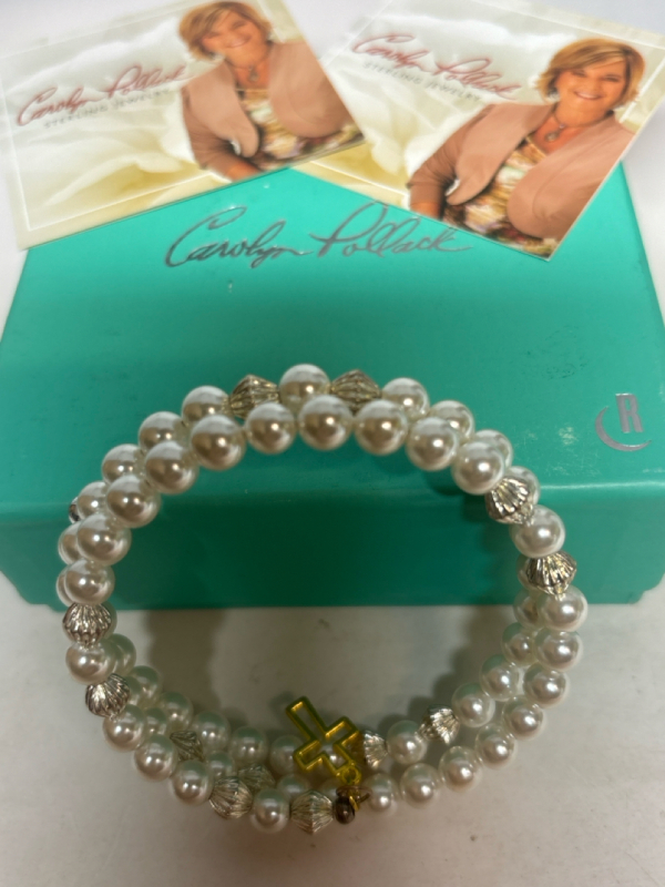 Carolyn Pollack Native Pearl Stamped Triple Coil Wrap Beaded Bracelet in Logo Box