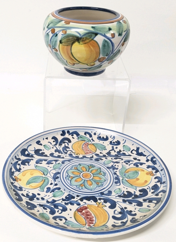 Vintage Signed Majolica Decorative Wall Plate & Lemon Dish | Plate 7.8" Diameter
