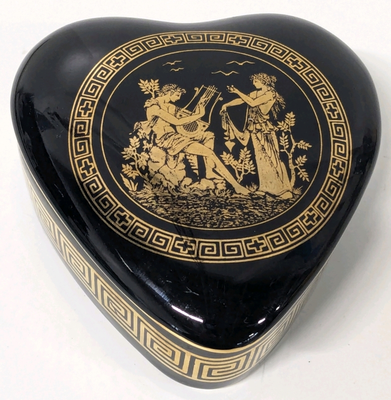 Gorgeous 24K Gold Detail Greek Geometry Greek Gods Apollo & Aphrodite Heart-Shaped Porcelain Trinket Box | 3.5" x 3.75" x 2" Tall