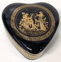 Gorgeous 24K Gold Detail Greek Geometry Greek Gods Apollo & Aphrodite Heart-Shaped Porcelain Trinket Box | 3.5" x 3.75" x 2" Tall