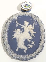 Numbered Blue Jasperware Wall Plaque of Woman + Cherubs & Crumbles English Enamel Pill Box | Plate 6" x 7.25"