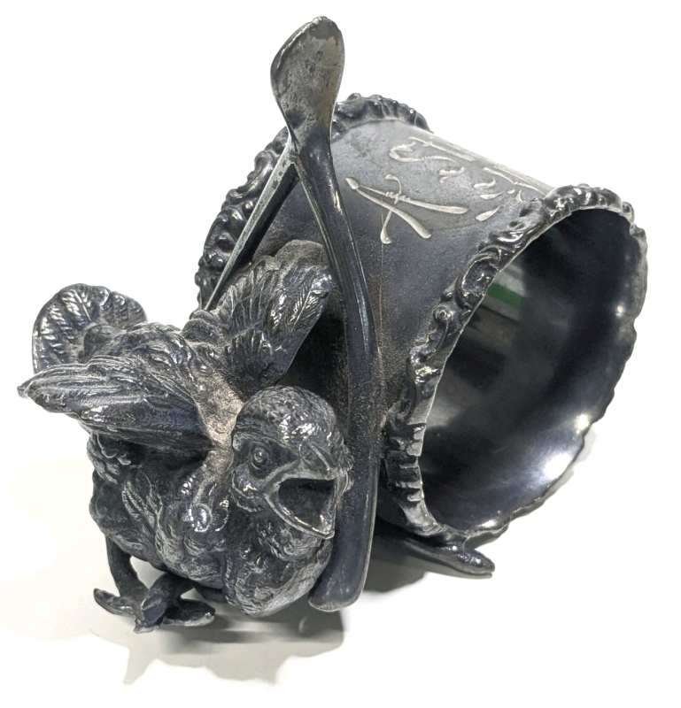 Victorian "A Sterling Wish" Sparrow & Wishbone Silverplate Napkin Ring | 3" Tall