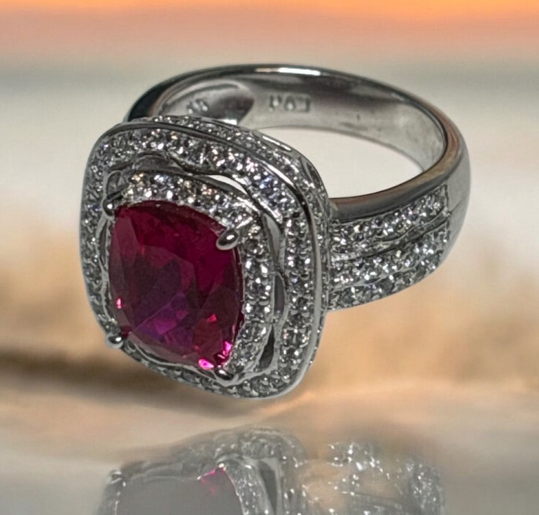 925 Sterling Silver Ruby PAJ Ring Size 6 CZ Art Deco Frame Lab created Ruby