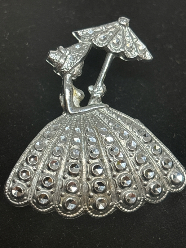 Vintage Charles Horner 1930 - 1940's Staybrite Lady with Parasol Brooch
