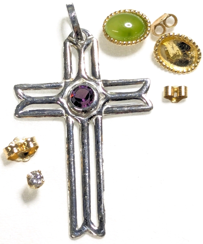 925 Sterling Silver Stamped Italy Cross, Pair 10K Earrings (1 w/o Stone), Single 14K Gold Stud Earring with Diamond