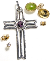 925 Sterling Silver Stamped Italy Cross, Pair 10K Earrings (1 w/o Stone), Single 14K Gold Stud Earring with Diamond