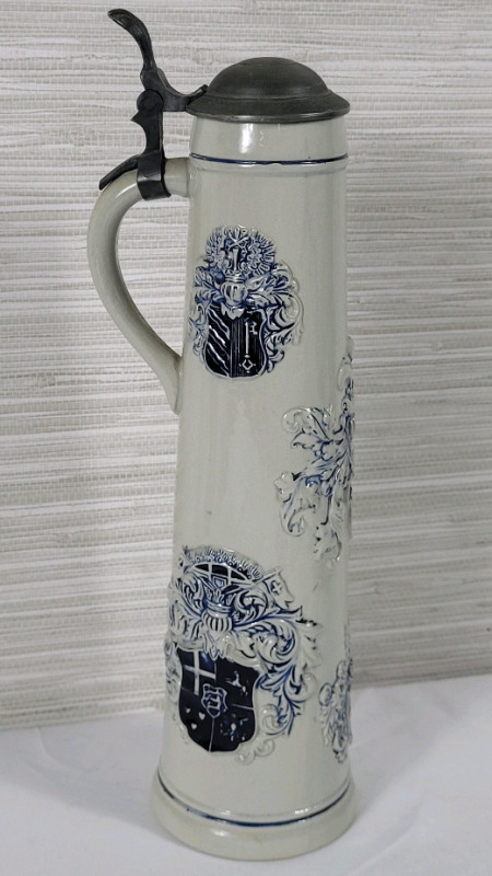 Wick Works Westerwald Stoneware Coat of Arms Beer Stein with Pewter Lid . Measures 11 3/4" Tall