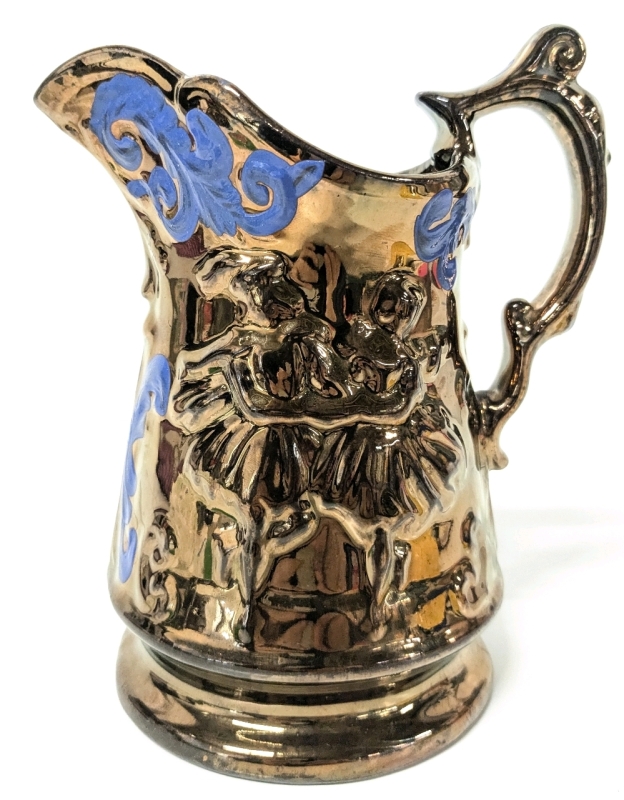 Neat Luster Copper Glaze Ceramic Pitcher Jug w Dancing Ballerinas Relief & Blue Cold-Painted Details Stamped | 7" Tall