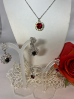 Vintage Amway Filigree Earrings Red and Clear drop Rhinestone Earrings Ruby Red + Clear Rhinestone Cab Necklace
