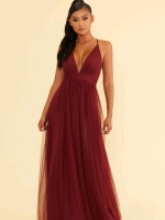 New LUXXEL Spa Plunge Tulle Maxi Dress: Wine (Size: Medium)