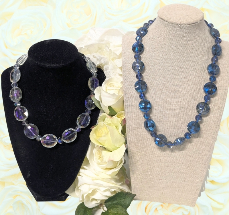 2 Gorgeous Substantial Knotted Faceted Crystaline Glass Prism Necklaces in AB Wash & Blue | Up to 20" Long