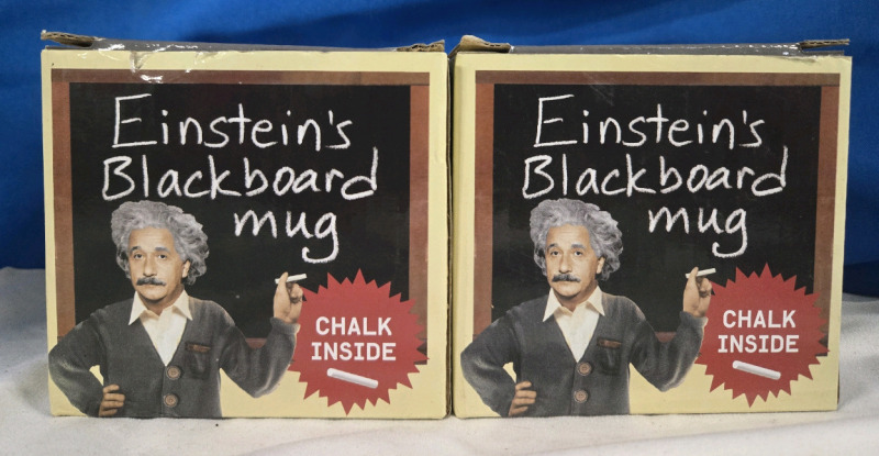 2 Pcs New | Einsteins Black Board Mugs | 3.5" Tall | Mugs Which You Can Write On W/ Chalk * Includes 1 Chalk Per Mug *