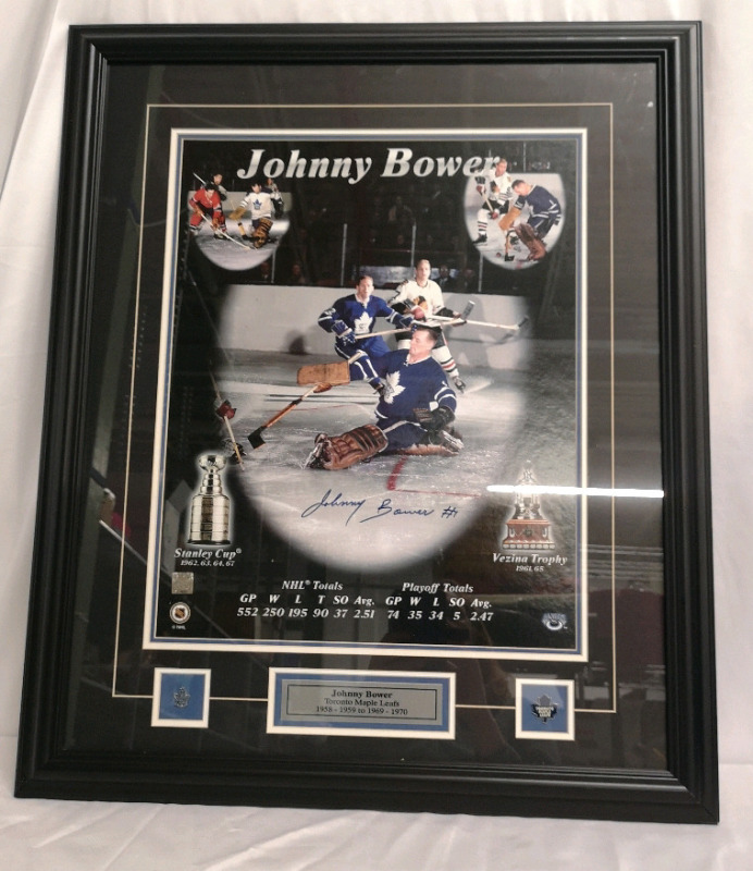 Signed Johnny Bower #1 NHL Framed Picture Toronto Maple Leafs 1958-59 to 1969-70 with COA