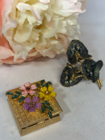 Vintage Signed Enamel Rhinestone Brooch Enamel Bouquet Trinket Box