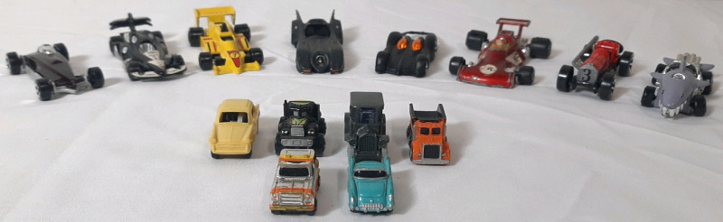 Lot of Loose Toy Cars, Including Hot Wheels, Matchbox, Batmobiles, and Unmarked, 14 in Total