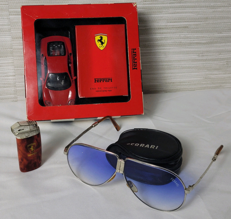Ferrari Automobile Collector Lot . Ferrari Diecast Car , Ferrari Cologne , Ferrari Putane Lighter & Ferrari Folding Sunglasses