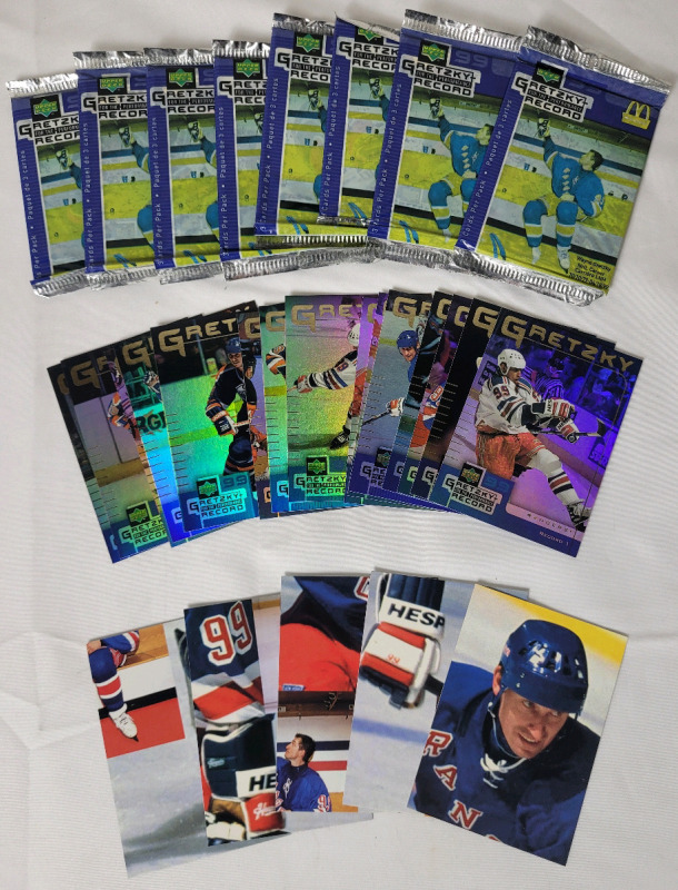 1999 Upper Deck McDonald's Gretzky Record Trading Cards . 15 Card Set Complete , 5 Puzzle Checklist Cards (missing 4 cards) & Eight (8) Sealed Packs