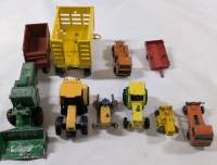 Lot Of 7 Metal Tractor Toys And 3 Metal Wagons