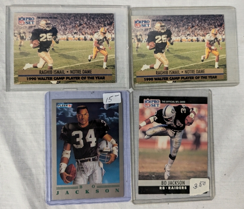2 NFL Pro Set 1990 Raghib Ismail Cards, 1 1990 NFL Pro Set Bo Jackson Card, and 1 1991 Fleer Pro Visions Bo Jackson &ldquo;Bo Knows Football&rdquo; Card.