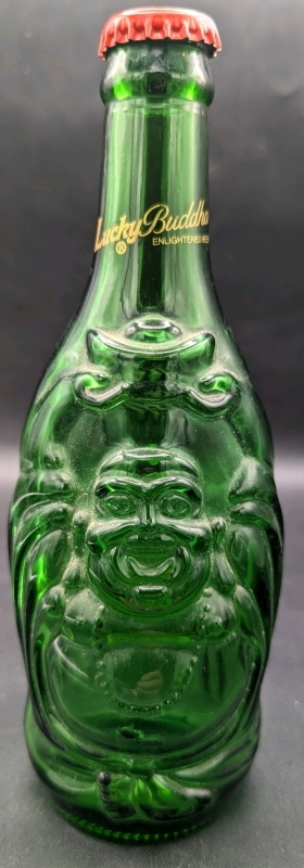 Lucky Buddha Beer, Green Glass Bottle by Inlightened Beer. Empty. 8" Tall.