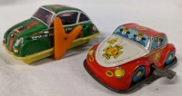 Tin Toy Lot. Hongkong Race Rally Car Beetle Super Car (4" Long) & Wind Up Fire Chief Car (3" Long)