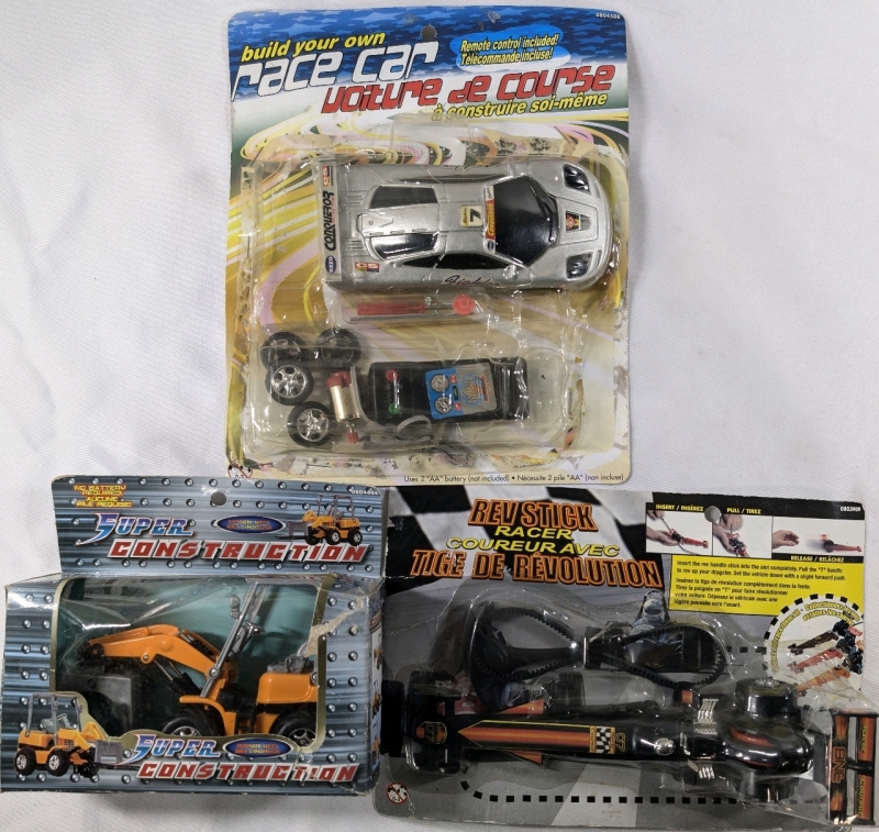 New Retro Toy Lot Of 1 Drag Race Car, 1 Build Your Own Race Car And 1 Friction Powered Construction Vehicle