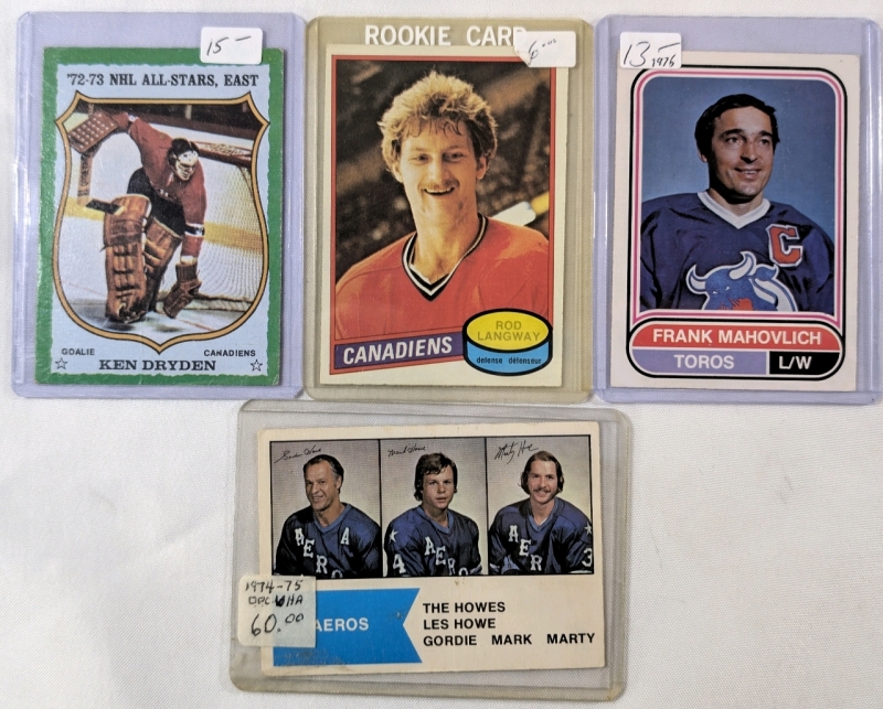1972-80 Lot Of Single NHL Hockey Trading Cards 1972-73 Ken Dryden All-Star Card, 1974-75 The Howes Trading Card, 1976 Frank Mahovlich Card, 1980 Rod Langway Rookie Card