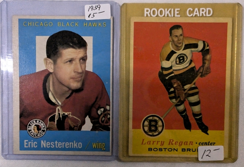 Lot Of 2 NHL Hockey Trading Cards 1957-58 Larry Regan Boston Bruins Card & 1959-60 Eric P. Nesterenko Chicago Blackhawks