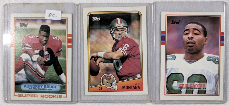 1988-89 Lot Of 3 NFL Football Trading Cards 1988 Joe Montana San Francisco 49ers Card, 1989 Aundray Bruce Atlanta Falcons Card & 1989 Cris Carter Philadelphia Eagles Card