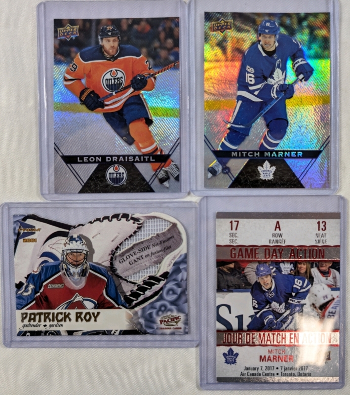 Lot Of 4 NHL Trading Cards Upper Deck 2018 Mitch Marner Toronto Maple Leafs, 2018 Leon Draisaitl Edmonton Oilers, 2017 Mitch Marner Maple Leafs Game Day & 2000 Pacific Patrick Roy Net Fusion Card