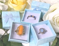 Striking Gold Tone Bezel-Set Egg Yolk Amber Ring (Sz 6.5), Signed Shiptonia England Sterling Silver Ring w Periwinkle Blue Stone (Sz 6) & Sterling 925 Ring w Inset Hearts (Sz 8)