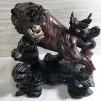 Vintage Chinese Carved Wood Tiger Statue (8" Tall, 6" Long)