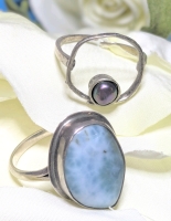 Lovely Sterling Silver 925 Bezel-Set Larimar Stone Ring (Sz 6) & Adjustable Sterling Silver Ring w Faux Black Iridescent Pearl