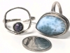 Lovely Sterling Silver 925 Bezel-Set Larimar Stone Ring (Sz 6) & Adjustable Sterling Silver Ring w Faux Black Iridescent Pearl - 8